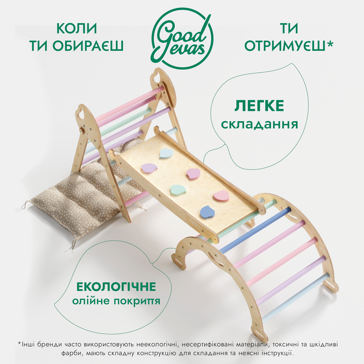 4в1 Дитячий ігровий комплекс для малюків 1–3 років: Трикутник Піклера, Арка, Гірка та Подушка - Пастельно-райдужний